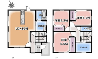 【間取り】 | 東区上温品4　限定1棟【P並列2台可】 | 16帖リビング☆２階３部屋☆ファミリータイプ3LDK☆各居室に収納☆サンルーム