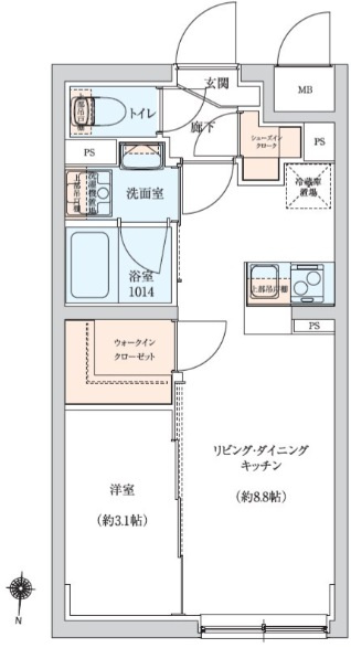 ラヴィエール羽田スカイゲートの間取り|カウンターキッチン、ウォークインクローゼットの1LDK