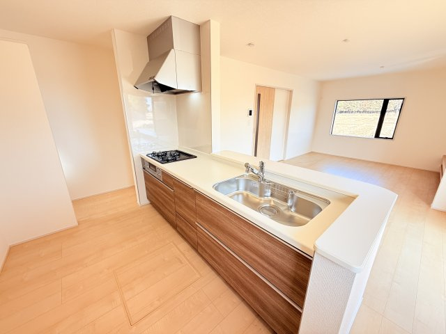 石岡市鹿の子2期　新築戸建のキッチン|家族とのコミュニケーションや小さいお子さんの様子を見守りながら安心して料理ができます。洗練されたスタイリッシュなデザインと使い勝手を追求した設備、豊富な収納力も大満足です。