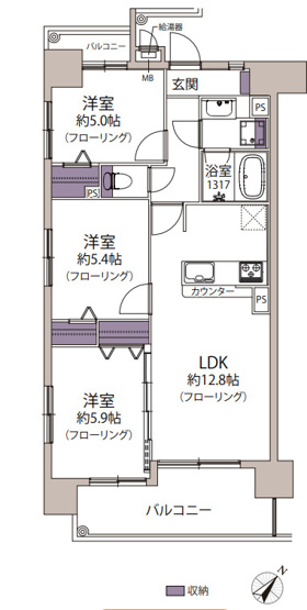 【間取り】 | 三愛シティライフ白木原 | 採光面が多く明るい3LDKで室内は明るく風通しも良好です。リフォーム済で気持良く新生活を始められます