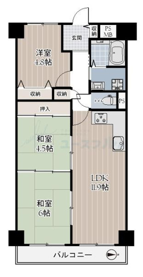 【間取り】 | ファミール堺 | 専有面積:61.60平米　バルコニー面積:7.28平米　間取り:3LDK