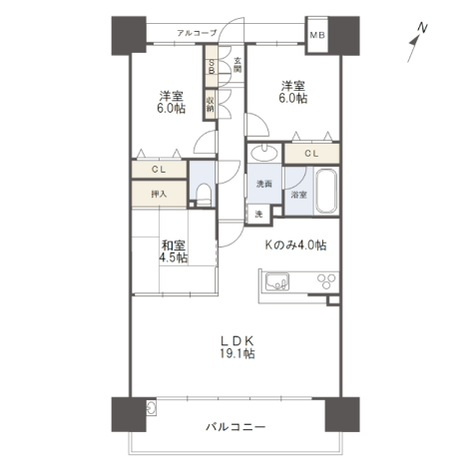 アルファステイツ城西公園の間取り|ＬＤＫ約１９．１帖、和室４．５畳、洋室約６．０帖、約６．０帖。