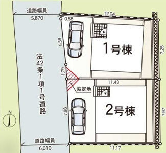 【区画図】 | 藤沢市善行坂1丁目  1号棟 第6 | 1号棟　西側約5.8ｍ～約6.0ｍ公道　駐車1台（車種によります）　敷地面積26.8坪　※協定地有
