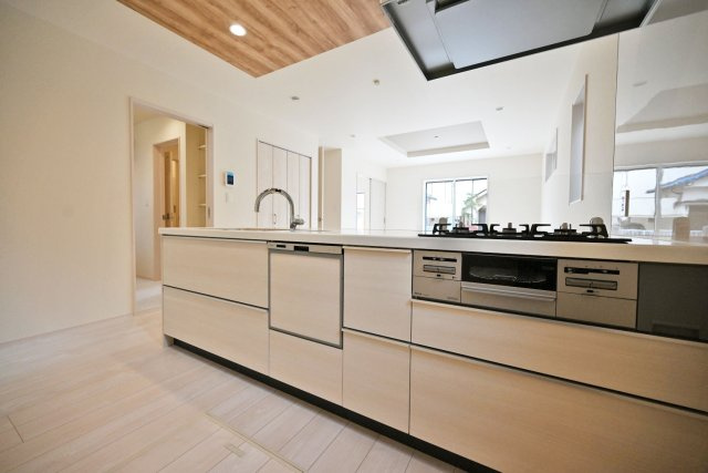 ブルーミングガーデン小林5丁目新築一戸建て│3LDK+並列駐車3台可のキッチン|1階キッチン奥側から撮影した内観写真です。浄水器一体型水栓、食器洗い乾燥機などの充実した設備内容です。