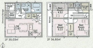 【間取り】 | 藤沢市善行坂1丁目  2号棟 第6 | 都市ガス　防犯カメラ（利用時Wifi接続必要）　人感センサー付玄関灯　浴室乾燥機+窓　全居室収納　リビング収納　納戸　LDK11.8帖