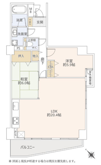 【間取り】 | ラフェスト天王寺東 | 角住戸2LDK☆LDK広々約20.4帖！室内水廻り設備一新！全建具新調、全面リフォーム済み☆安心の内装工事保証付き☆エアコン1基付き☆バス追炊機能・浴室乾燥機完備☆照明器具・レースカーテン付きです☆