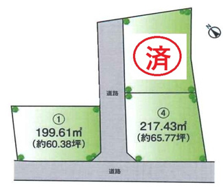 【土地図】 | グランファミーロ草刈　土地　ちはら台駅 | 1号地　199.61㎡（約60.38坪）
建築条件なし！南西約7ｍの公道に面し、陽当たり良好♪
建物の配置を考えやすい整形地。間口も広いのでカースペース3台取ることも可能です！