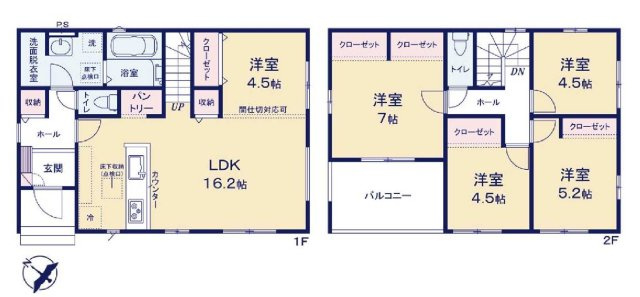 新築　太田市浜町1期　１号棟の間取り|建物面積107.12㎡　パントリー・各部屋収納付きで便利です！インナーバルコニーなので突然の雨でもお洗濯物も安心です♪
