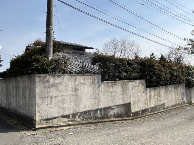 【中古戸建】太田市金山町の前面道路含む現地写真|■外観｜大きい庭木と、高い外壁でプライベート空間が守られますね♪