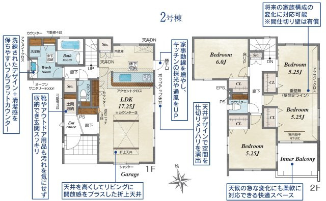 【ブルーミングガーデン】宇都宮市雀の宮 6丁目 全2棟の間取り|〇2号棟〇
3（4）LDK+カースペース2台
将来の家族構成の変化に対応できる、4LDKに変更可能なフレキシブルプラン！