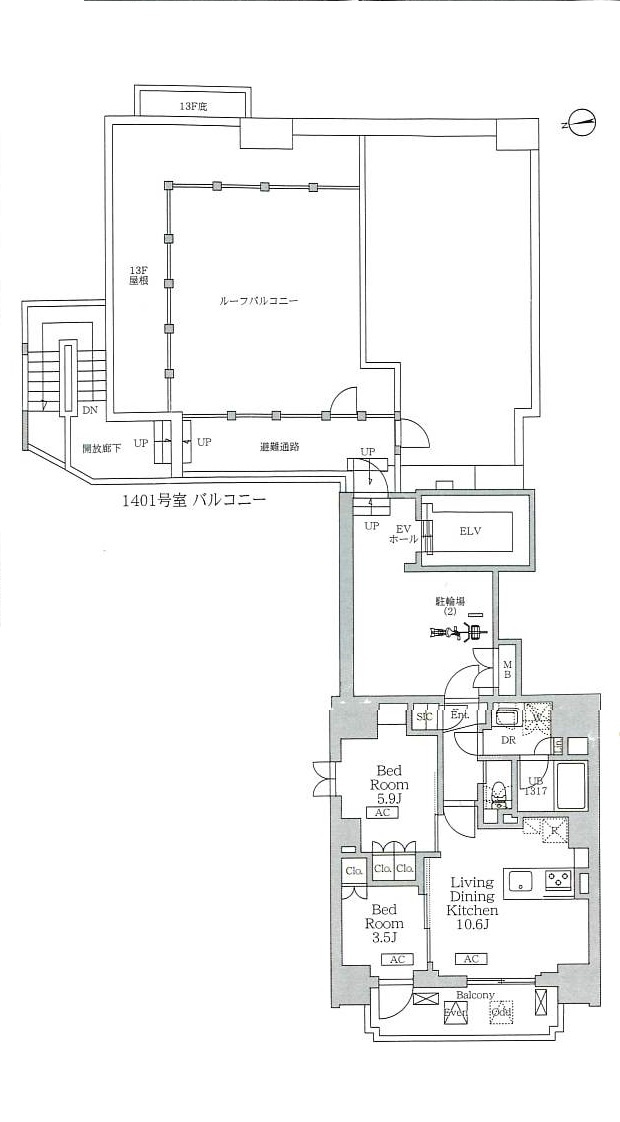 THE LIONS forsia文京湯島の間取り|専用ルーフバルコニー、最上階1フロア一世帯確保されたお部屋です、インターネット無料、カウンターキッチン、全室にエアコンと照明付きです