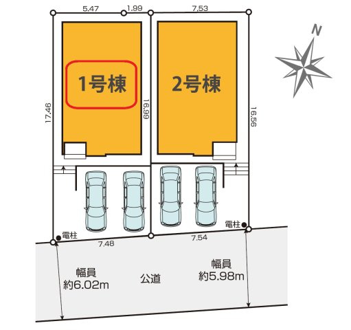 入間市大字小谷田・全2棟　新築一戸建　1号棟の区画図|【全2棟・1号棟】カースペース並列2台。

