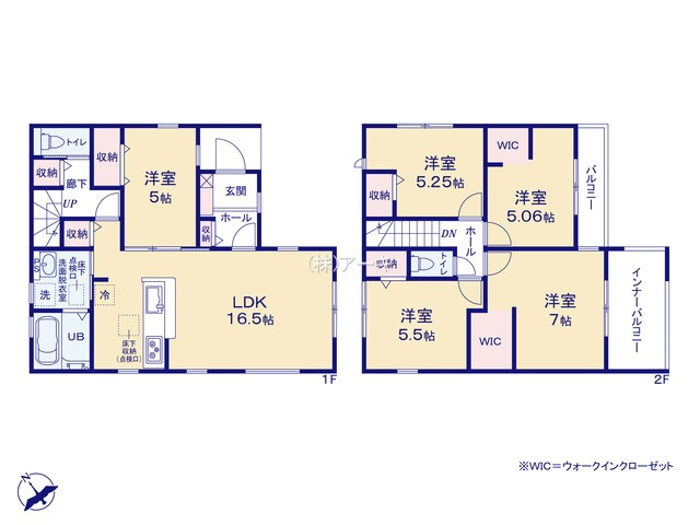 高浜市神明町六丁目3番32『仲介手数料無料』新築一戸建て・建売の間取り|　1号棟　1F:LDK16.5帖に隣接する洋室5帖はお子様の遊び場・奥様の家事室に便利！2F:主寝室7帖・洋室5.06帖　WIC設置！洋室5.5帖・洋室5.25帖　CL設置♪インナーバルコニー♪