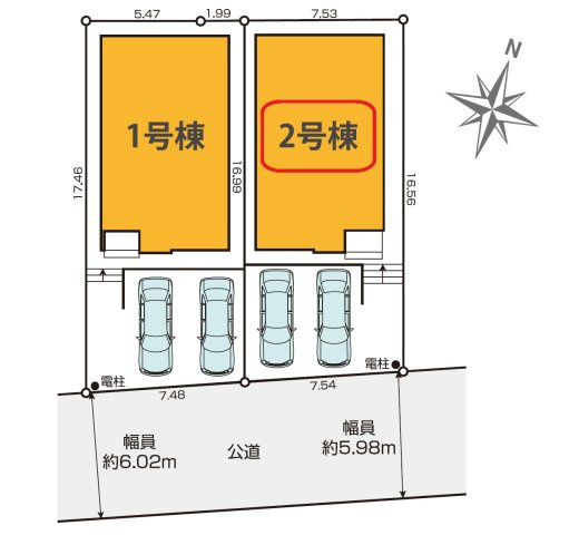 入間市大字小谷田・全2棟　新築一戸建　2号棟の区画図|【全2棟・2号棟】カースペース並列2台。
