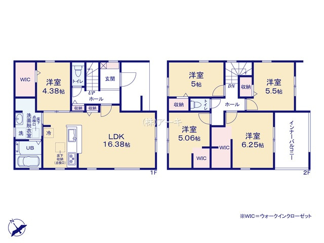 高浜市神明町六丁目3番32『仲介手数料無料』新築戸建ての間取り|　2号棟　1F:LDK16.38帖に隣接する洋室4.38帖　WIC設置！ゆとりの洗面室♪2F:洋室6.25帖・洋室5.06帖　WIC設置！洋室5.5帖・洋室5帖　CL設置♪インナーバルコニー♪