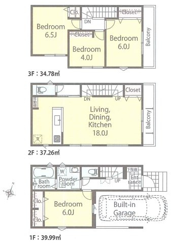 入間市東藤沢7丁目・全2棟　新築一戸建　1号棟　～3階建て～の間取り|【全2棟・1号棟】3階建て、2階リビング、4LDKの間取りです。