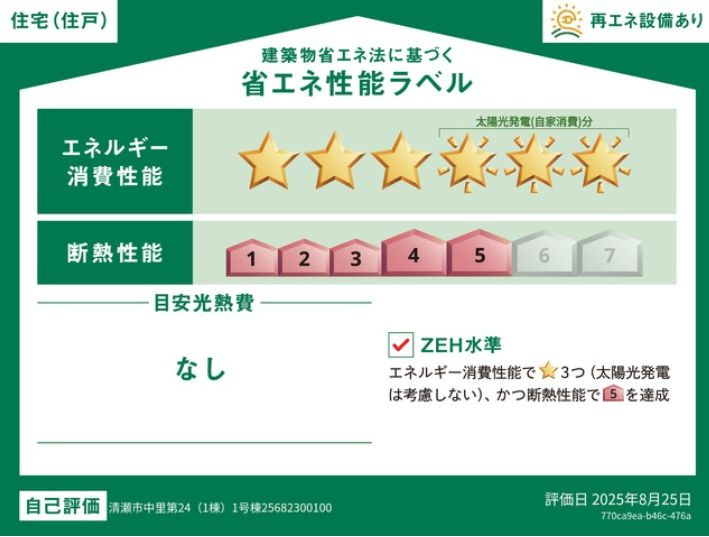 仲介手数料無料　CRADLE GARDEN清瀬市中里第24・全1棟の省エネ性能ラベル