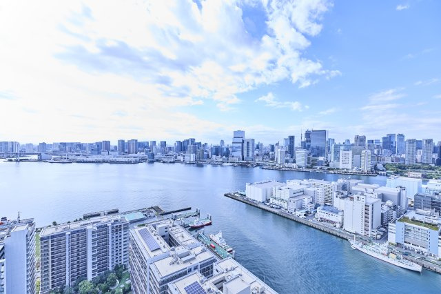 【昼間の眺望】板状棟の上をゆく、蒼々とした東京湾が一望できます。