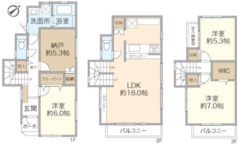 陽光降りそそぐ東南向きの住戸。リビング内にワーク＆スタディスペースとして利用可能なカウンターを配置、LDKは開放感のある約18.0帖、2階・3階の2カ所にバルコニー。収納豊富で使い勝手の良い間取り。