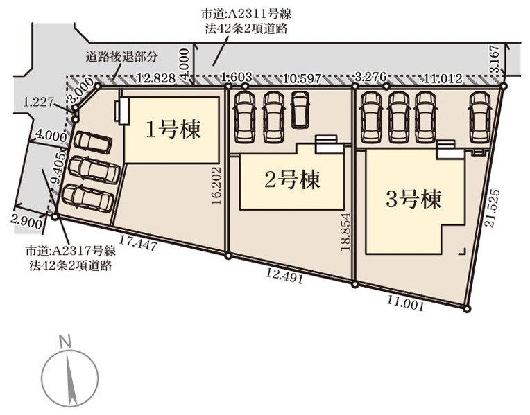 石岡市府中第1　新築戸建の区画図|ゆとりある敷地設計。駐車スペースや庭もバランス良く配置されています。