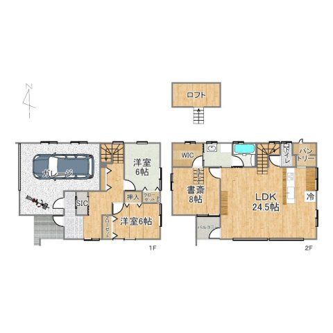 売中古戸建　中央区富塚町の間取り|インナーガレージ完備の3LDKの間取。2階LDKが広く開放的な間取です。