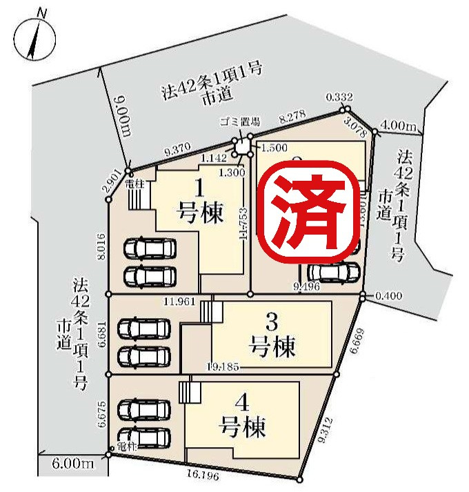 八潮市八潮7丁目　新築戸建　全4棟　1号棟の区画図|全棟カースペース並列2台駐車可能♪ご夫婦それぞれのお車も安心して駐車できます