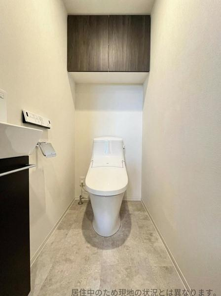 クレアネクスト古国府ザ・タワーのトイレ|シンプルで清潔感のあるトイレ空間です。収納棚が設置されており見た目もすっきりしています。床は汚れが目立ちにくい色合いです。使い勝手のよい手洗いカウンターも備え付けられています。