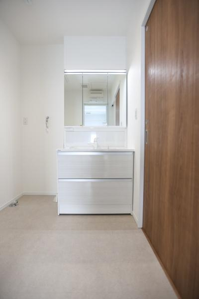 P-TELAS牧１丁目3号地の独立洗面台|シンプルなデザインの洗面台が設置され空間がすっきりとしています。明るい室内で清潔感が感じられます。収納力もあるため日用品の整理がしやすい仕様です。木目の引き戸がアクセントとなっています。