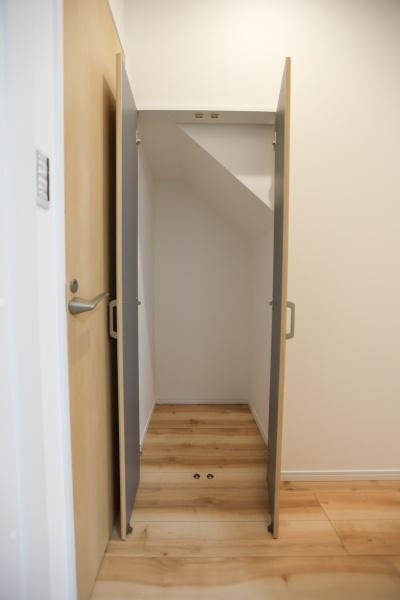 P-TELAS牧１丁目2号地の収納|扉が大きく開く収納スペースで使い勝手が良いです。奥行きがしっかりと確保されています。床のカラーと扉のデザインが調和しています。無駄なくスペースを活用できる点が特徴です。
