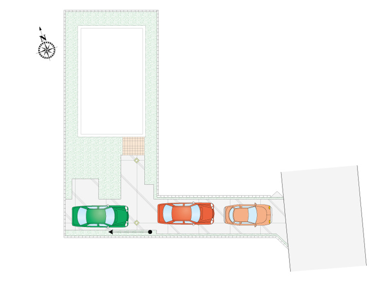 久喜市菖蒲町菖蒲（全9区画）8号棟　区画図　縦列3台の駐車スペース（車種による）
外水栓があるので、ホースをつなげば、洗車やガーデニングなどにもご活用いただけます。