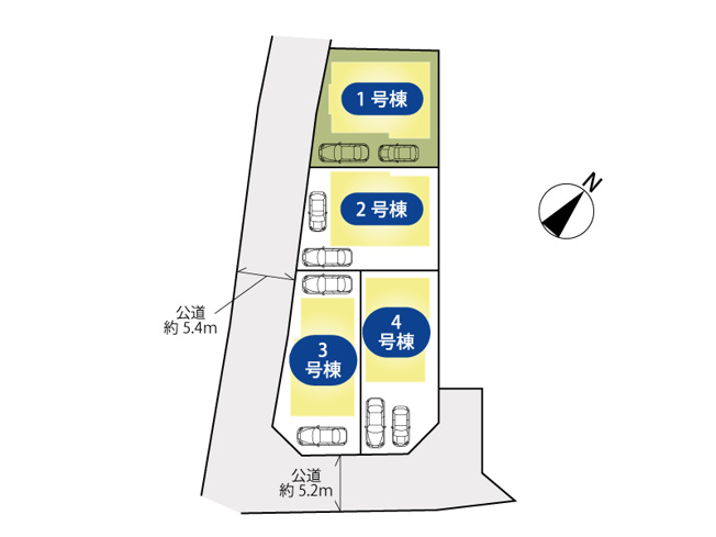【区画図】 | 清瀬市下宿3丁目　新築一戸建住宅　全4棟　(志木本店) | 広々カースペースが魅力のゆとりある敷地。前面道路5.4ｍで駐車も安心。