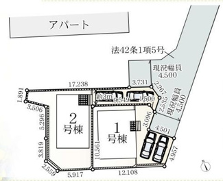 【区画図】 | 伊勢原市沼目5丁目 1号棟 第26 | 1号棟　北東側4.5m道路　カースペース並列で２台（車種による）