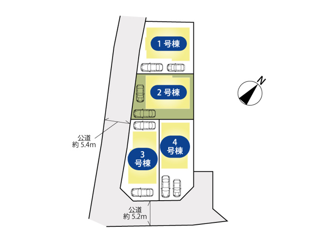 【区画図】 | 清瀬市下宿3丁目　新築一戸建住宅　全4棟　(志木本店) | 広々カースペースが魅力のゆとりある敷地。前面道路5.4ｍで駐車も安心。