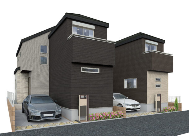 杉並区下井草5丁目　制震ダンパー採用　駅近×省エネ住宅　全2棟の外観パース