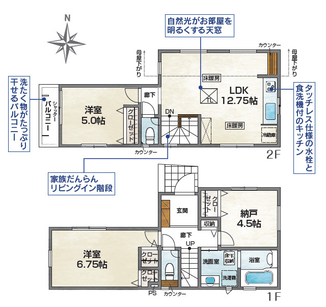 杉並区下井草5丁目　制震ダンパー採用　駅近×省エネ住宅　全2棟の間取り|2号棟　2LDK+S、土地面積77.50m2　建物面積74.11m2