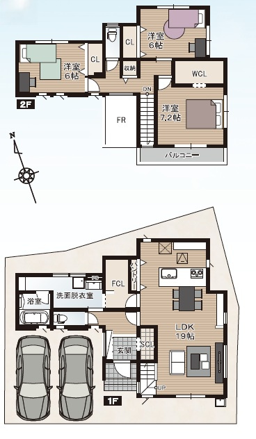 南国市後免町　新築戸建　1号棟　（全3区画）の間取り|建物面積　106.81㎡（約32.31坪）1F　57.13㎡　2F　49.68㎡
