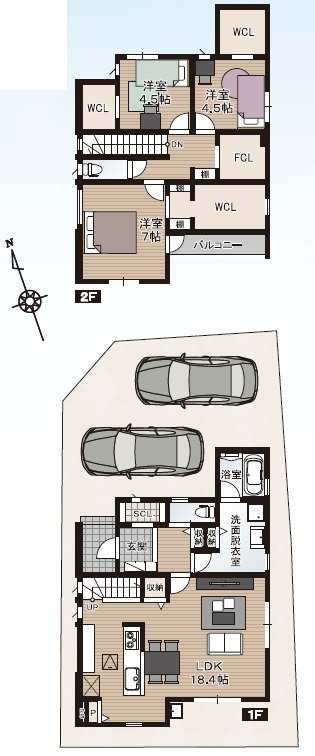 南国市後免町　新築戸建　2号棟　（全3区画）の間取り|3LDK+3WCL+FCL+SCL　建物面積　103.92㎡（約31.43坪）1F　52.17㎡　2F　51.75㎡