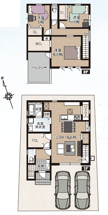 南国市後免町　新築戸建　3号棟　（全3区画）の間取り|3LDK+WCL+FCL+SCL
建物面積　104.33㎡（約31.56坪）1F　56.31㎡　2F　48.02㎡