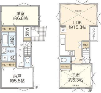 陽光が降りそそぎ、開放感のある勾配天井のリビング、主寝室はゆとりの約6.8帖、2階居室約6.3帖も陽光降りそそぐ勾配天井仕様