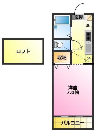 エピナール・ムツミの間取り|ロフト　室内洗濯機置場　バストイレ別