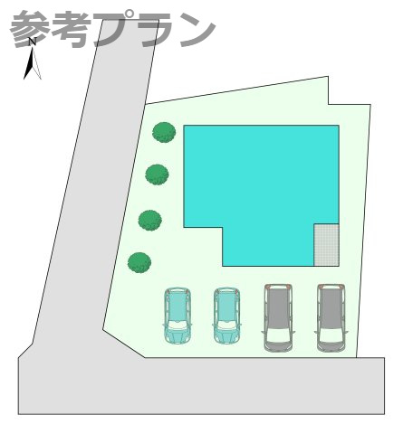 売土地　甘楽郡下仁田町の完成予想図|こちらは建物プラン例：参考イメージ図です。
区画内の建物・駐車場・庭の配置の一例です。