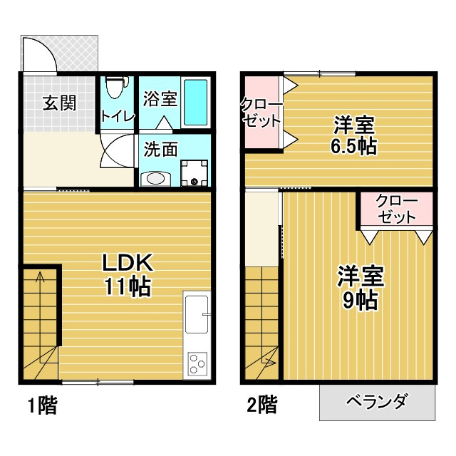 アジュールの間取り|メゾネットタイプの2LDKです