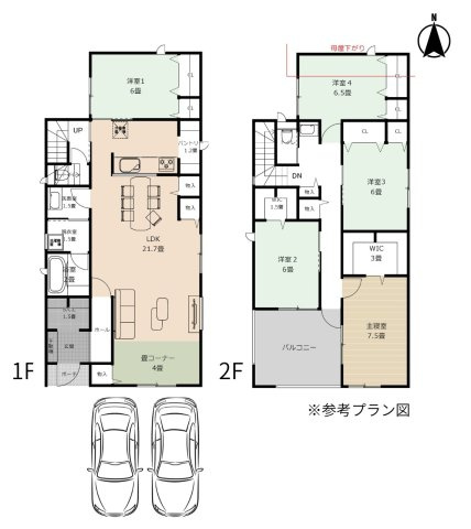 甲子園口2丁目　土地の土地図＋建物プラン例|163㎡のゆとりある敷地で、ビルトインガレージと24帖超の開放的なLDKが実現する羨望の暮らし。
上