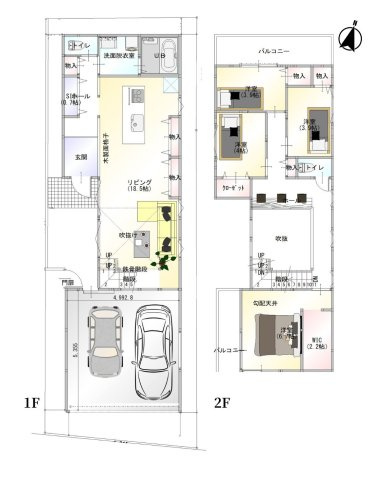 芦屋市春日町　土地　B号地の土地図＋建物プラン例|敷地を最大限に活かした参考プラン図をご用意。
吹抜けリビングやガレージ付きなど、理想の住まいをイメー