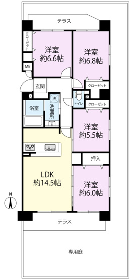 【間取り】 | ロマネスク原第3 | 専用庭付き４ＬＤＫ 約８６平米のゆったりとした間取りです。リビング横の引き戸を開放すれば、３ＬＤＫ２０帖の広々リビングとしてもお使いできます♪