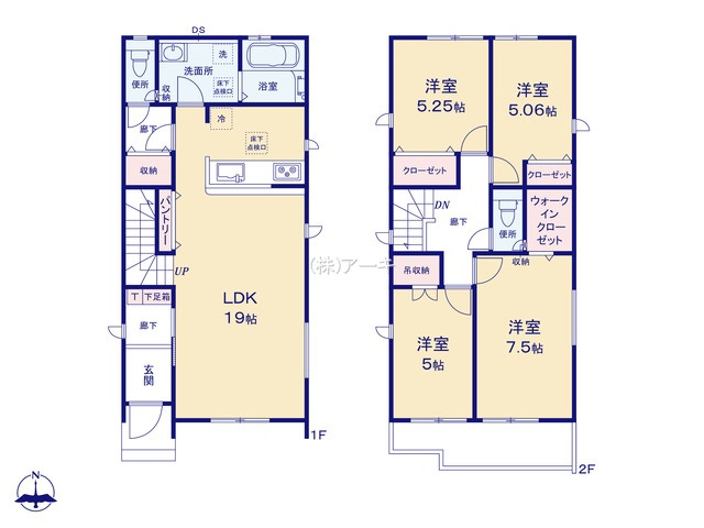 高浜市春日町7丁目3番14『仲介手数料無料』新築戸建ての間取り|　1号棟　1F:LDK19帖！パントリー♪家事動線の良い間取り♪リビングイン階段！2F:洋室7.5帖　WIC設置！洋室5.25帖‣洋室506帖・洋室5帖　CL設置♪南面ワイドバルコニー♪