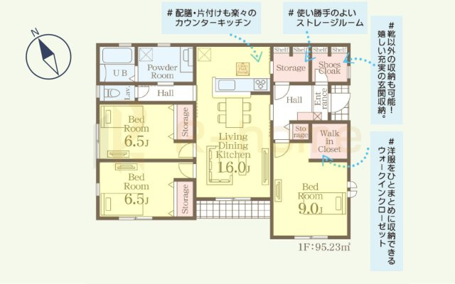 第2古河市諸川　新築戸建て　3号棟の間取り|3LDK＋WIC＋SC、土地面積257.78ｍ2、建物面積95.23m2