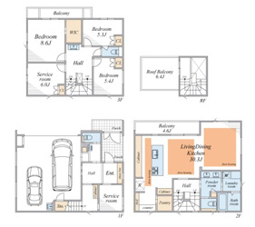 【間取り】 | 3階建て3SLDK+屋上テラスのゆとりある住まい。30畳超の広々LDKや床暖房、大型パントリーなど暮らしを豊かにする設備が充実。2台駐車可能な車庫（車両サイズ制限有）も備えた機能的な設計です。