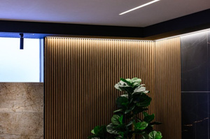 【内装】 | 洗練された縦格子と間接照明が、室内に奥行きと木の温もりをもたらします。観葉植物が映える落ち着いた色調で、お気に入りのインテリアをより引き立てる、意匠性の高いリビングコーナーが暮らしを彩ります。