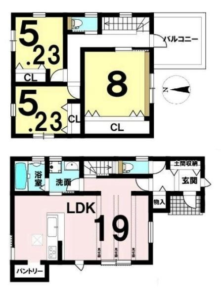 香芝市北今市２丁目 ／新築一戸建の間取り|■広々したリビング１９帖・３ＬＤＫの間取り！大容量の収納など、ご家族のお住まいにピッタリです！